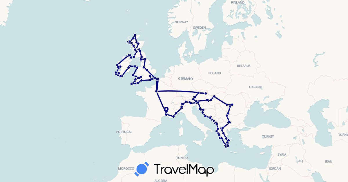 TravelMap itinerary: driving in Albania, Austria, Bosnia and Herzegovina, Bulgaria, Switzerland, Germany, France, United Kingdom, Greece, Croatia, Hungary, Ireland, Italy, Montenegro, Romania, Slovenia (Europe)