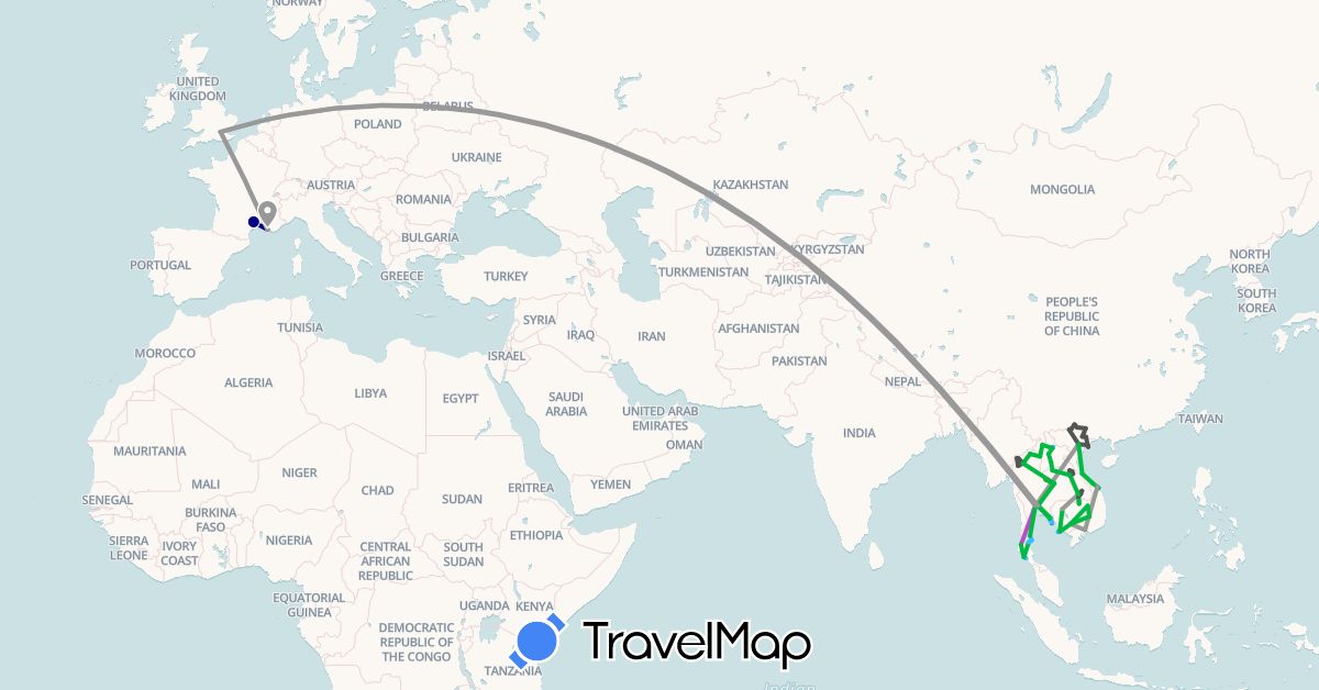 TravelMap itinerary: driving, bus, plane, train, hiking, boat, motorbike in France, United Kingdom, Cambodia, Laos, Thailand, Vietnam (Asia, Europe)